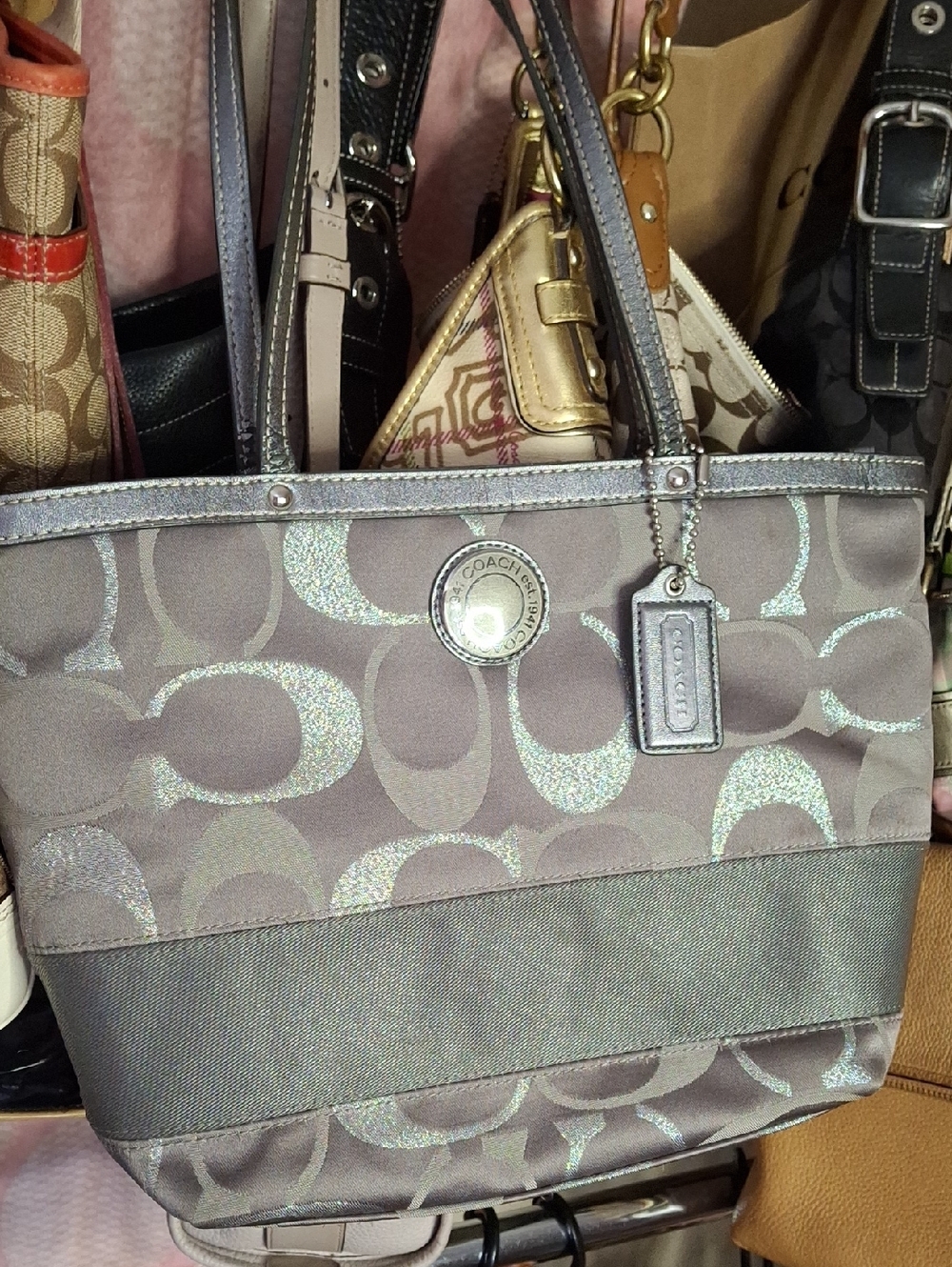 COACH SILVER GRAY CANVAS MEDIUM TOTE BAG 2012 couple marks bottom